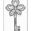 A decorative key design featuring a flower-shaped bow with intricate petal patterns, and a detailed shaft adorned with floral motifs.