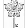 A decorative illustration of a key shaped like a flower, featuring detailed petals and a long key shaft, with the letter 'E' at the key's base.