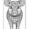 A detailed black and white illustration of a pig adorned with floral patterns, facing forward. The pig has large ears, a prominent snout, and intricate designs on its body, including flowers and leaves.
