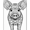A detailed black and white illustration of a decorative pig, featuring intricate floral patterns and a prominent snout, set against a plain background.
