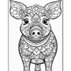 A whimsical black and white illustration of a smiling pig adorned with intricate floral patterns and designs, standing on its hind legs, against a plain white background.
