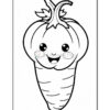 A cartoon-style smiling carrot character with large eyes and a happy expression, featuring top green leaves and ridged texture on the body. The image is in black and white, designed for coloring.