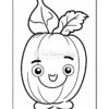 A cartoon-style pumpkin with a smiling face, featuring large expressive eyes and a small mouth. It has a green leaf and a bulbous shape, with two small feet. The image is outlined for coloring.