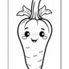 A cartoonish smiley radish with large eyes and a cheerful expression, featuring leaves at the top, outlined in black and intended for coloring.