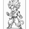 A stylized cartoon character with spiky hair, wearing a martial arts outfit and holding a fist in a fighting stance, with a tail visible behind them. The image is outlined in black and suitable for coloring.