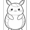 A cartoon-style outline drawing of a chubby bunny with large eyes, upright ears, and a smiling face, holding its front paws together. The bunny has striped fur patterns and is set against a simple rectangular border.
