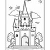 A black and white illustration of a fairy tale castle with tall spires, surrounded by trees and clouds, featuring a large door at the center and decorative elements like stars and a butterfly.