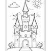 A simple black and white outline drawing of a fairy tale castle with three towers, each with flags, flanked by two trees and a winding path leading to the castle's arched door. The sky features a sun and some clouds.