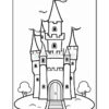 A black and white line drawing of a castle featuring multiple towers with flags, a central doorway, and trees on either side, ideal for coloring.