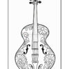 A black and white illustration of an acoustic guitar decorated with floral patterns and ornate designs, viewed from the front with a focus on the body and neck.