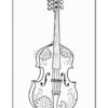 A black and white illustration of a violin decorated with floral designs, featuring detailed flowers and swirls on its body, viewed from the front against a plain background.