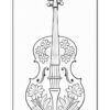 A stylized outline drawing of a violin decorated with floral designs and leaves, showcasing a detailed neck and body with intricate patterns. The image is monochromatic, suitable for coloring.