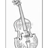A decorative illustration of a violin featuring floral patterns and a stylized letter 'f', outlined in black and set against a white background.