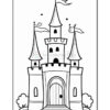 A cartoon-style castle with three towers, each topped with flags, a large central doorway, and surrounded by small trees, designed as a coloring page.