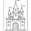 A line drawing of a fairy tale castle with three tall towers, each topped with flags; the castle features stone walls, a large central wooden door, and small windows.