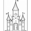 A cartoon-style black and white drawing of a fairytale castle with multiple towers, each featuring a flag on top, a large central door, and small windows.