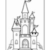 A line drawing of a fairy tale castle with multiple towers, pointed roofs, and flags, surrounded by bushes in a simple, coloring page style.