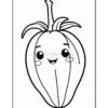A cute and cartoonish illustration of a smiling bell pepper with large eyes and a cheerful expression, featuring a leafy top and outlined in black for coloring purposes against a white background.