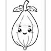 A cartoonish, black and white drawing of a smiling pear with big eyes and a happy expression, featuring two green leaves at the top.
