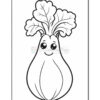 A cartoonish smiling vegetable with large leaves on top, resembling a happy radish or beet, outlined for coloring.
