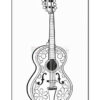 An intricately designed black-and-white illustration of a guitar, featuring floral patterns and stylized elements on its body and neck, set against a simple background.