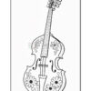 A decorated violin illustration featuring floral patterns and designs, drawn in black and white.