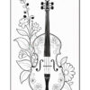 A black and white illustration featuring a violin adorned with flowers and leafy vines, set against a plain background.