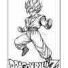 A black and white coloring page featuring a muscular anime character from Dragon Ball Z, posed with fists clenched and legs apart, wearing a gi with a belt and prominent spiky hair, with the title 'DRAGONBALL Z' stylized at the bottom.