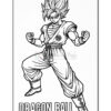 A large, muscular character with spiky, stylized hair stands in a fighting pose, wearing a traditional martial arts outfit with a belt. The word 'DRAGON BALL' is prominently displayed below the character, and the image is in black and white, intended for coloring.