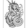 A detailed black and white illustration of a dragon, elegantly coiled with ornate patterns on its body and a fierce expression, surrounded by stylized waves.