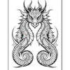An intricate black and white drawing of a dragon with ornate patterns, featuring a fierce expression and flowing scales, set against a plain background.