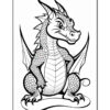 A cartoon-style dragon sitting proudly, with a detailed scaly body, large wings, and an expressive face, outlined in black on a white background, designed for coloring.