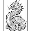 A detailed black and white illustration of a dragon, featuring intricate patterns on its body and a fierce expression, coiled in a serpentine pose.