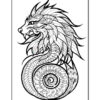 A detailed black and white illustration of a mythical dragon with a lion-like mane, featuring intricate patterns in its body and a spiraled tail.