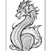 A detailed black and white illustration of a dragon with intricate designs on its body and head, featuring flowing mane-like fins and a stylized curled tail.