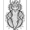 A detailed black and white illustration of a dragon with prominent horns, intricate scales, and flowing mane, surrounded by decorative elements and a circular body shape.