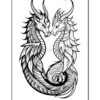 A stylized black and white illustration of two dragons intertwining, featuring detailed scales and horns, with intricate patterns on their bodies, facing each other in a symmetrical design.
