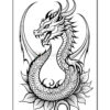 A detailed black and white illustration of a dragon coiled around stylized leaves, featuring intricate scales and sharp horns, set against a plain background.