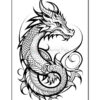 A detailed black and white illustration of a dragon with intricate scales, sharp claws, and flowing wisps, positioned in a dynamic pose against a plain background.