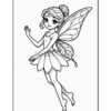 A cartoon fairy with a bun hairstyle and wings stands in a playful pose, wearing a dress made of flower petals, with her left hand raised and a smile on her face, outlined in black and white for coloring.