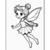 A cartoon fairy with a bun hairstyle and large wings, wearing a sleeveless top and a layered skirt, appears to be flying with outstretched arms and a cheerful expression, depicted in a black and white coloring page style.