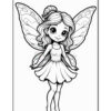 A cute, cartoon-style fairy with long, wavy hair and large, patterned wings, wearing a sleeveless dress and standing on bare feet, arms outstretched.