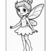 A playful cartoon fairy girl with big eyes, wearing a dress and wings, standing barefoot with a joyful expression and her arms raised.