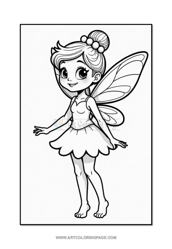 A playful cartoon fairy girl with big eyes, wearing a dress and wings, standing barefoot with a joyful expression and her arms raised.