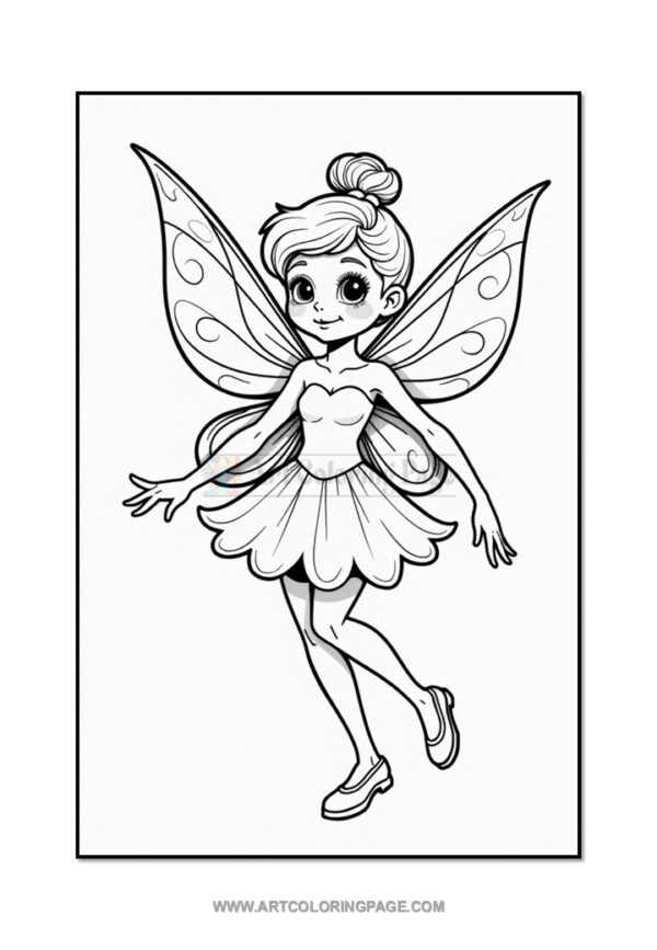 A whimsical fairy character with large, intricately patterned wings, a bun hairstyle, and a dress made of petals, striking a playful pose with one leg lifted. The image is in black and white, intended for coloring.