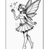A whimsical, line-drawn fairy with large wings, wearing a strapless dress and a bow at the waist, playfully blowing magical sparkles from her hand while standing on one foot.