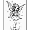 A cartoon fairy girl with large, decorative wings standing on tiptoe, wearing a short dress and adorned with a flower in her hair, surrounded by small stars and hearts.