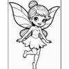 A cute, cartoon-style fairy with a bun hairstyle and large wings, wearing a simple dress, smiling and posing as if in mid-flight, against a plain background. The image is outlined for coloring.