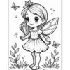 A cute, cartoon-style fairy girl with butterfly wings, wearing a dress and standing barefoot among flowers, with butterflies fluttering around her.