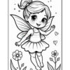 A cartoon-style fairy girl with big eyes and a playful smile, wearing a short dress and wings, is surrounded by flowers and hearts, striking a joyful pose as she floats above the ground.
